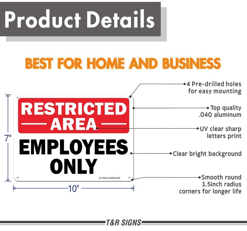TR Restricted Area Sign Employees Only Sign - 2 Pack - 10 x 7 Inches Rust Free .040 Aluminum - UV Protected, Waterproof, Weatherproof and Fade Resistant - 4 Pre-drilled Holes - Image 2